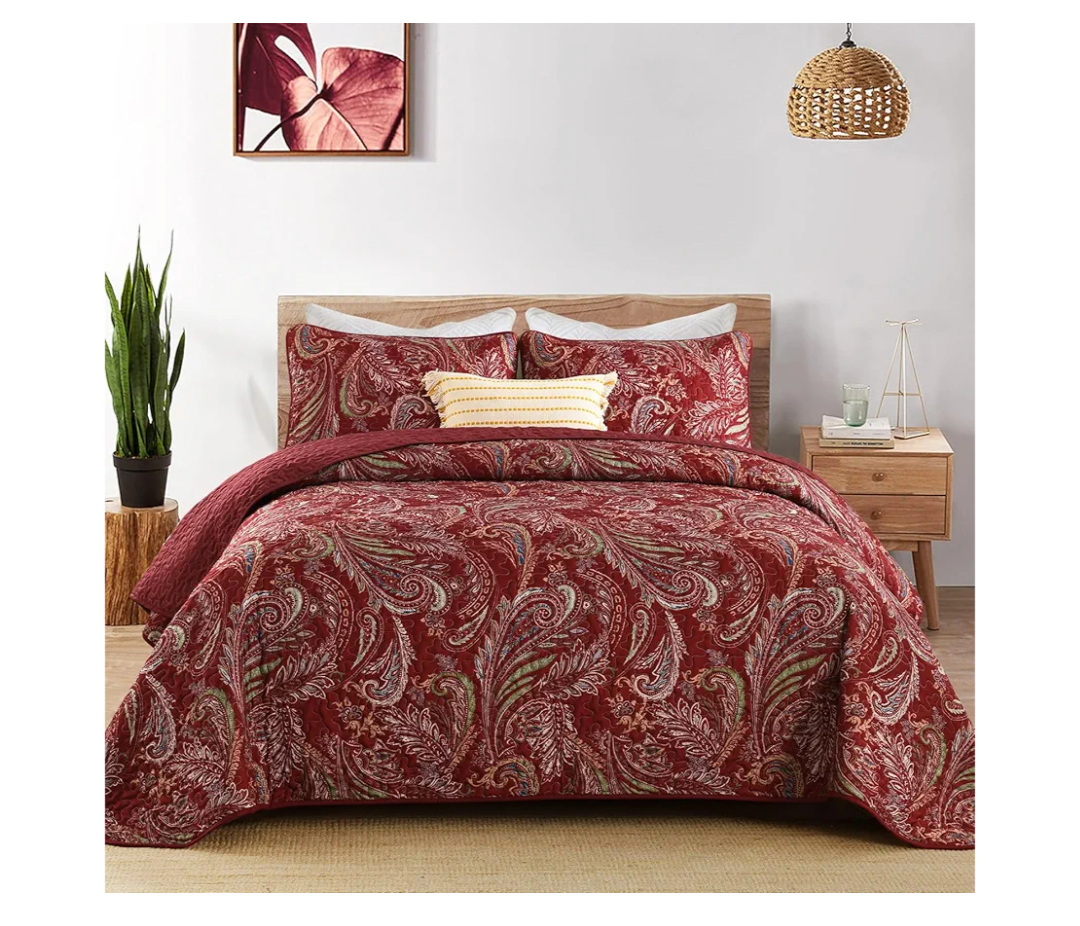 WONGS BEDDING Boho Quilt Set Queen,3 Pieces Red Paisley Pattern Bedspread Coverlet Set,Lightweight Microfiber Bohemian Bedding Set for All Season 96"×90"