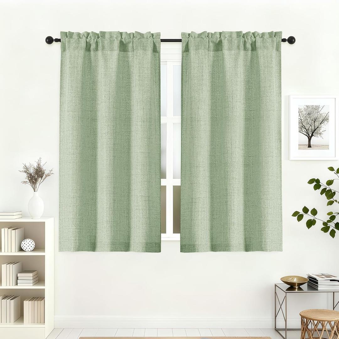 Lecloud Light Green Curtains 45 Inch Length 2 Panels, Rod Pocket Faux Linen Textured Living Room Curtains for Bedroom Dining Room, Soft Light Filtering Bathroom Drapes, Each Panel 30" W x 45" L
