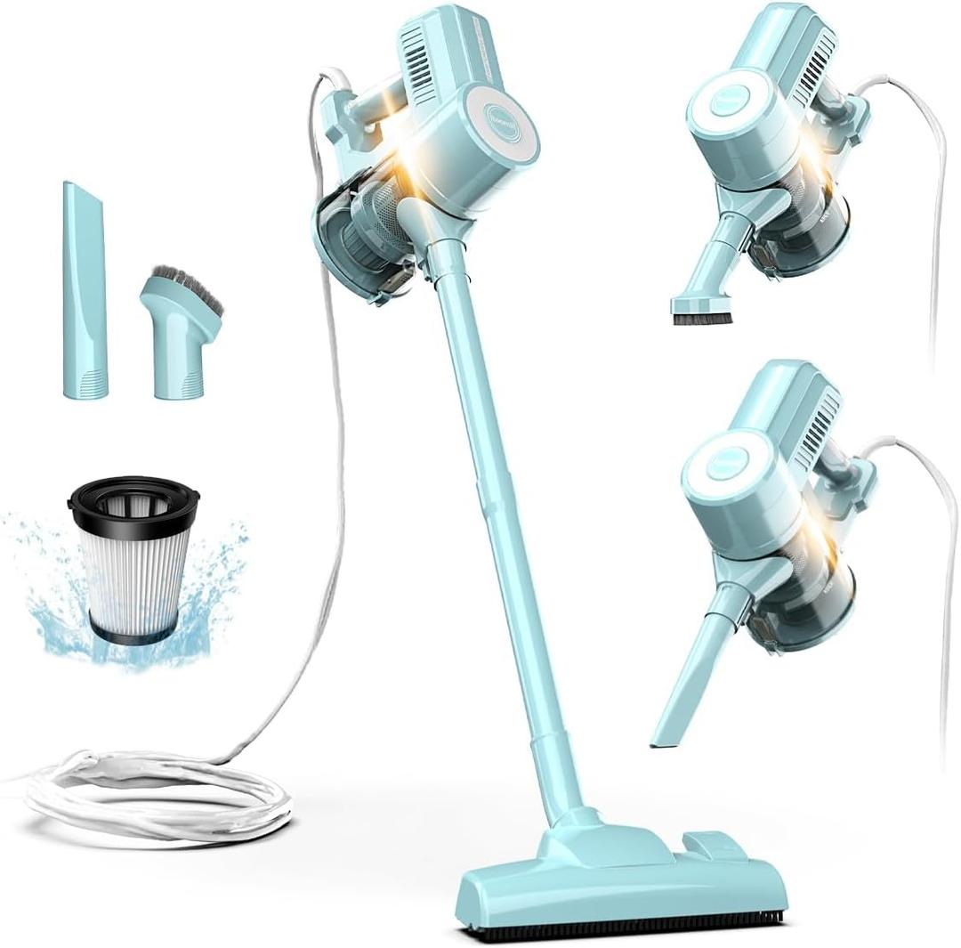 Roomie Tec Corded Stick Vacuum Cleaner - 450W, Lightweight 2 in 1 Handheld with Powerful Suction, Bagless HEPA Filter, Large Dust Capacity, 20ft Cable - Ideal for Floors, Dorm Room, & Home Cleaning (Cyan)
