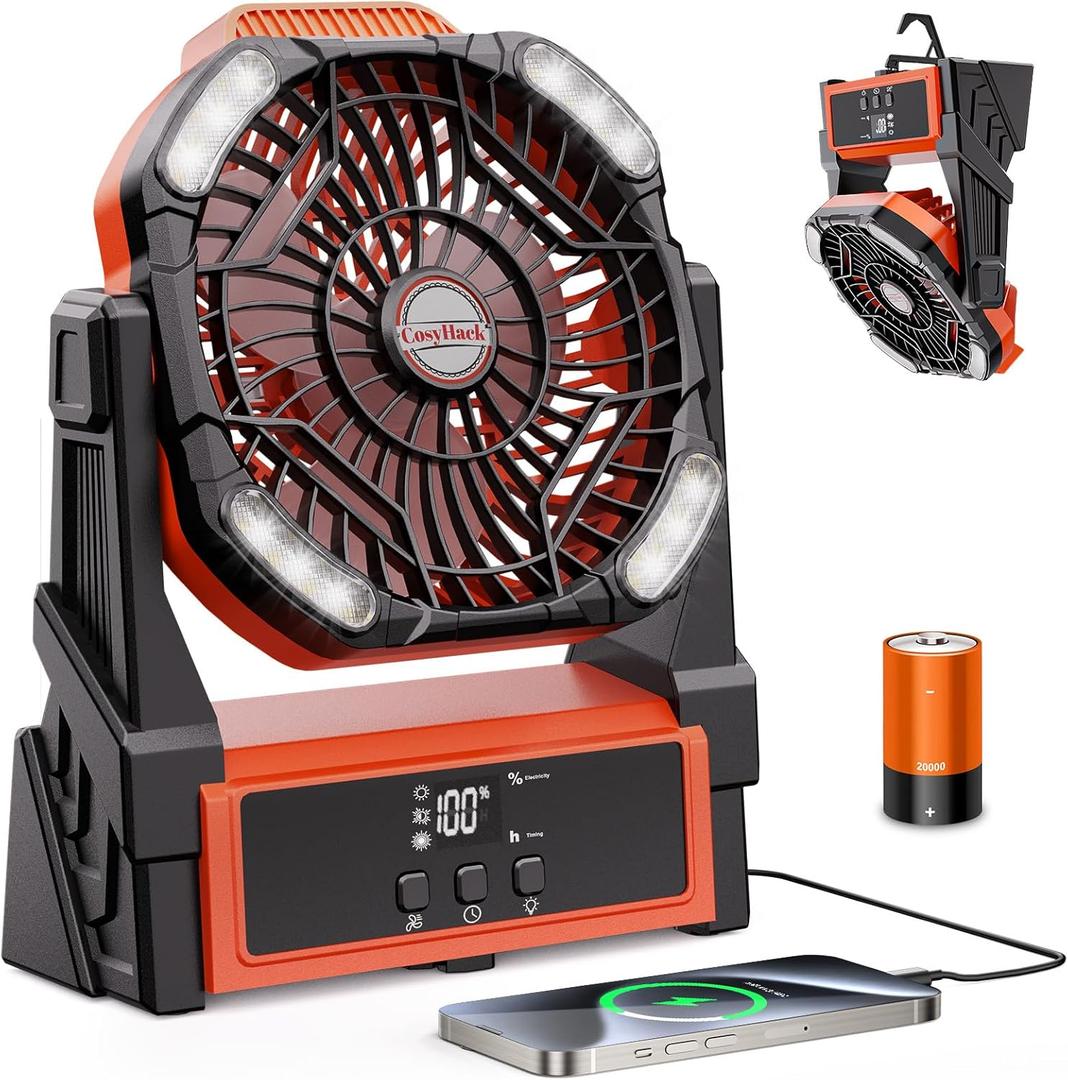 Camping Fan Rechargeable, Battery Powered Fan with Lights, Outdoor Beach Tent Fans, 4 Speed, Adjustable Brightness for Picnic, Barbecue, Fishing, Office, Home (Orange)