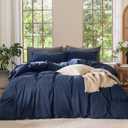 MooMee Bedding Duvet Cover Set 100% Washed Cotton Linen Like Textured Breathable Durable Soft Comfy (Solid Navy, Queen 90"x90")