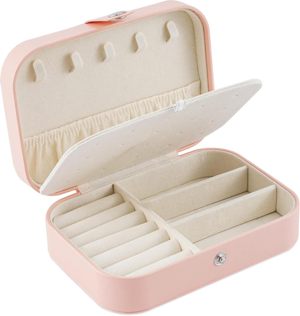 Neveika Travel Jewelry Box, PU Leather Small Jewelry Organizer for Women Girls, Double Layer Portable Mini Travel Case Display Storage Holder Boxes for Stud Earrings, Rings, Necklaces, Bracelets (Pink)