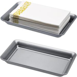 Vintage Farmhouse Decor Metal Vanity Tray(2 Pack),Countertop Guest Hand Towel Storage Organizer Tray Dispenser, Sturdy Holder for Perfume,Cosmetics, Jewelry, Makeup Bathroom Organizer (Silver)