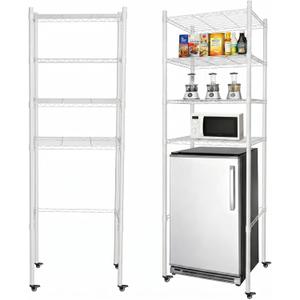 4-Tier Adjustable Mini Fridge Organizer Rack with Lockable Wheels, Heavy-Duty Metal Storage Shelf for Over Mini Fridge, Microwave Stand for Dorm, Kitchen, Office, White