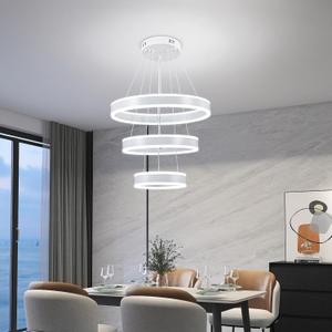O'NEELDY Modern LED Chandeliers Adjustable Hanging White Pendant Light Fixture 3 Ring Flush Mount Chandeliers for Bedroom,Kitchen,Island Cafe