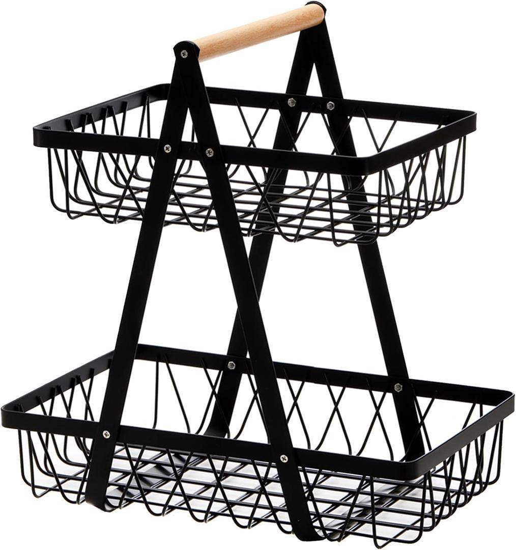 Dicunoy Metal Storage Basket with Handles, 2 Tier Wire Snack Organizer Bin for Office Courner top, Rustic Black Basket for Home, Kitchen, Pantry, Fruit, Coffee, Pasta, Bathroom, Living Room