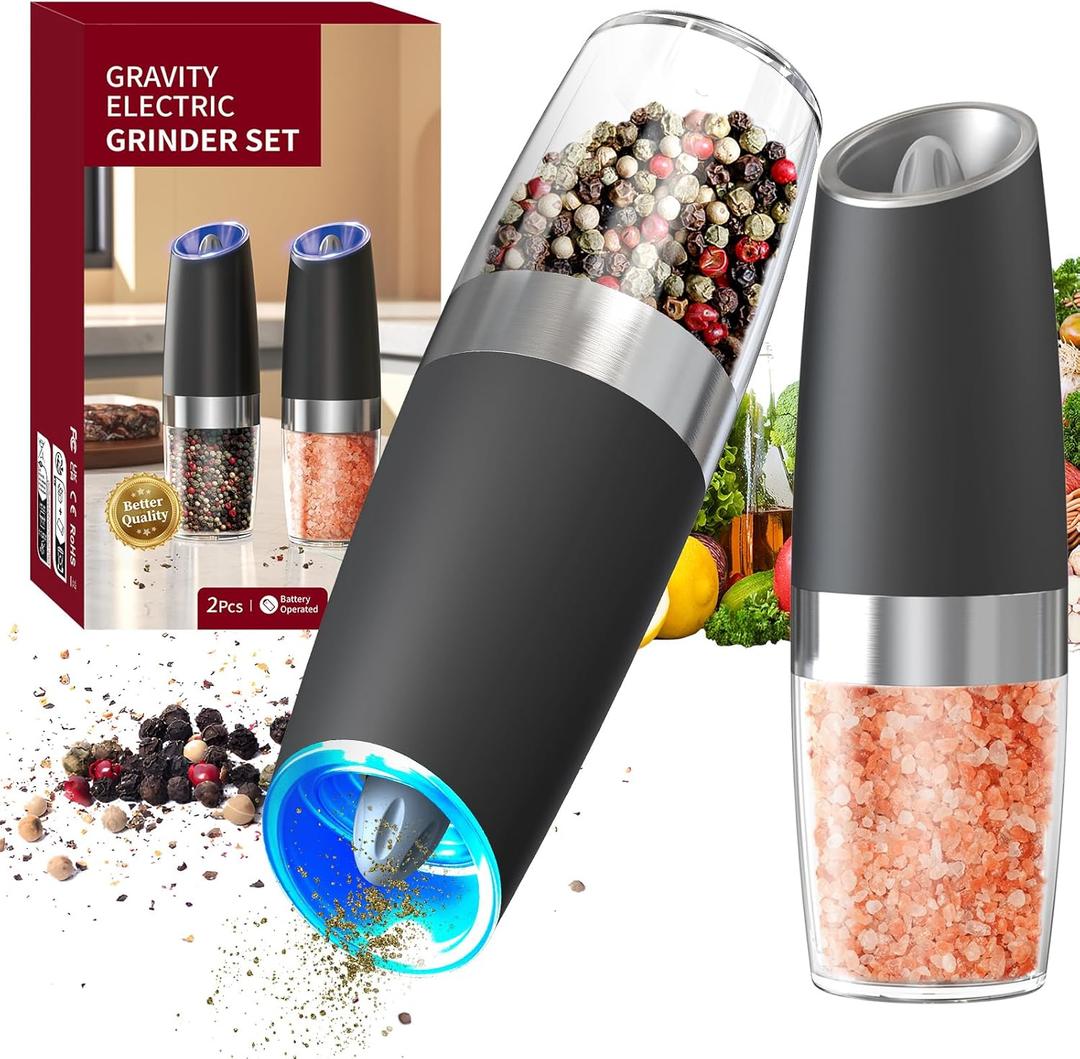 CIRCLE JOY Gravity Electric Salt and Pepper Grinder Set Automatic Salt and Pepper Grinder Set with LED Light, Battery Operated, Adjustable Coarseness, Large Capacity, for Home Kitchen BBQ (Battery/Black Set)