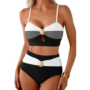 Herseas Women's 2 Piece Colorblock Bikini Sets Oval Metal Cutout Swimsuit High Waisted 2026 Beach Summer Swim Bathing Suits (Black), Small