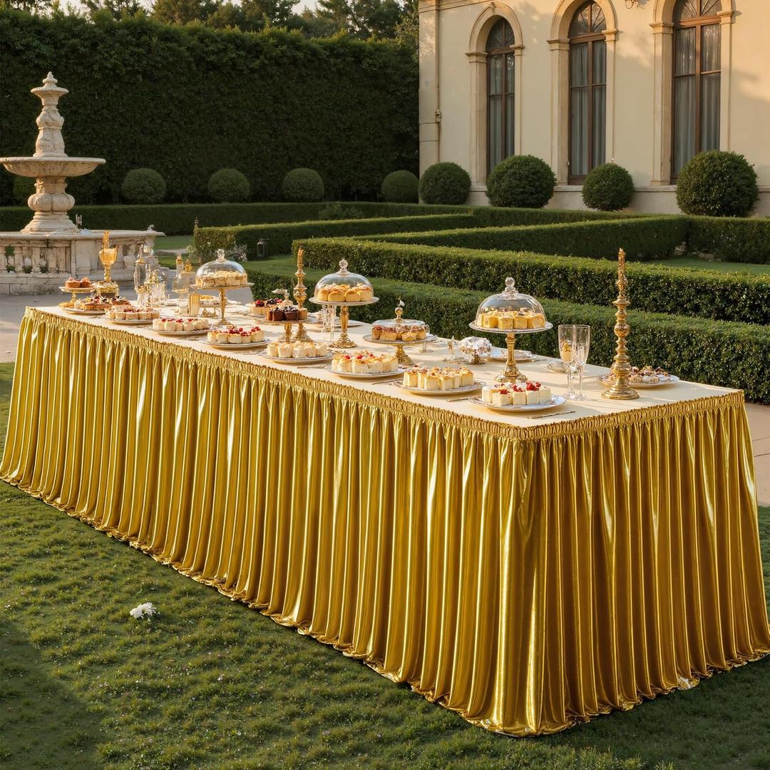 6ft Length Glitter Dark Gold Table Skirt Rectangle Tables, Wrinkle Free Pleated Ruffle Table Cloth Desk Skirting for Teacher Classroon Office Weddings Birthday Party Banquet Decorations (72" x 30" (6FT))