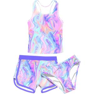 uideazone Girls 3 Piece Bathing Suit Summer UPF 50+ Racerback Swimsuit with Shorts Beach Tankini Sets 8-16 Years (A2-marbling)