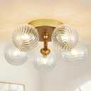 Gold Ceiling Bubble Light Fixture Modern 5 Lights Swirled Clear Ribbed Blown Glass Ball Chandelier Semi Flush Mount Lighting Dia 12.6" for Hallway Entryway Kitchen Dining Room
