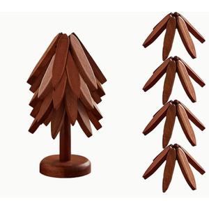 Foldable Walnut Wood Trivet Set for Hot Dishes,Tree Shape Coasters for Hot Pots And Pans, Natural Kitchen Decor With 4 Folding Pads and 1 Stand, Easy Storage