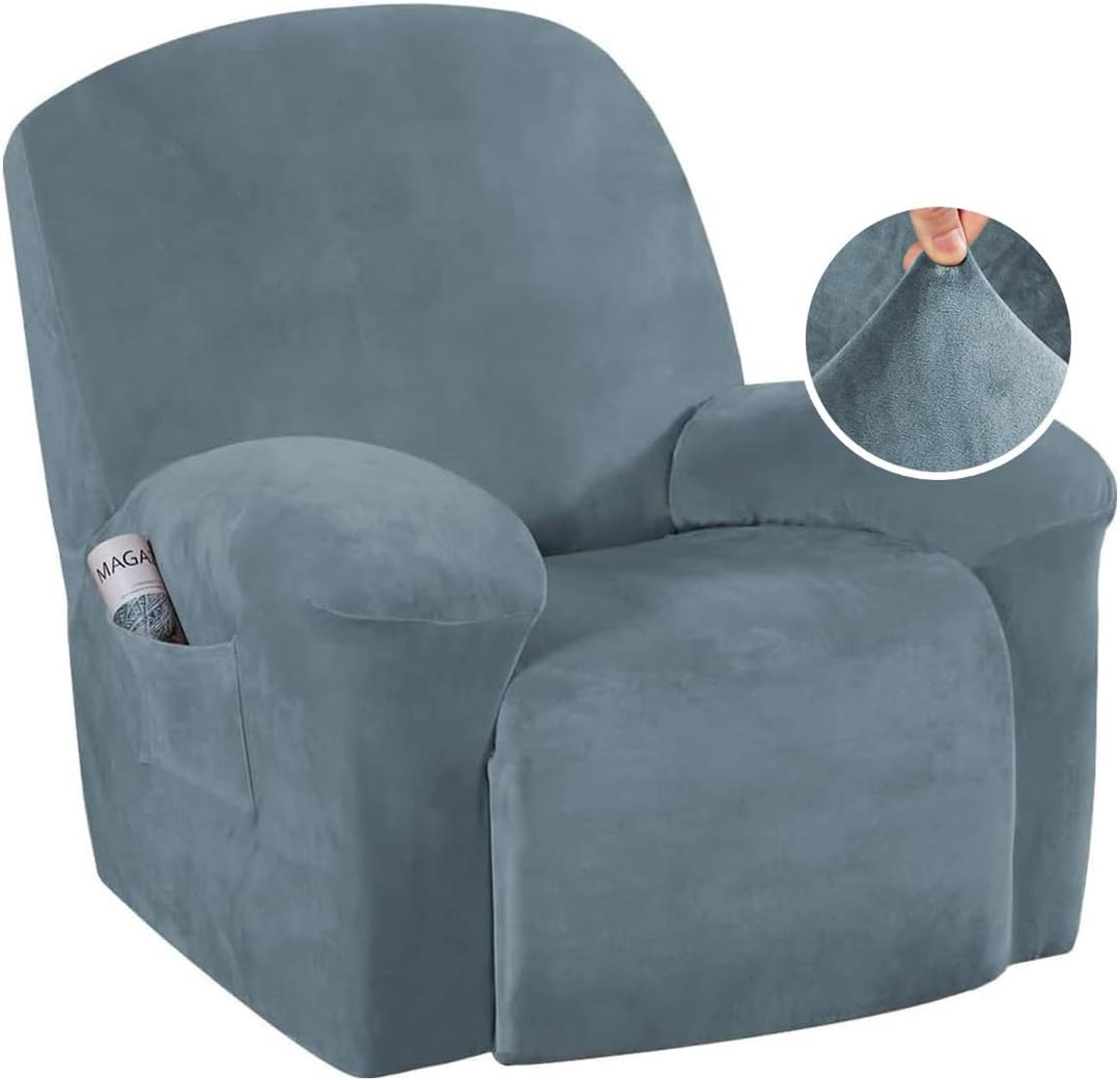 H.VERSAILTEX High Stretch Recliner Chair Covers Large Size Oversized Plush Chair Slip Covers with Arms 1-Piece Furniture Protector Couch Soft with Elastic Bottom Non Slip(Recliner, Stone Blue)