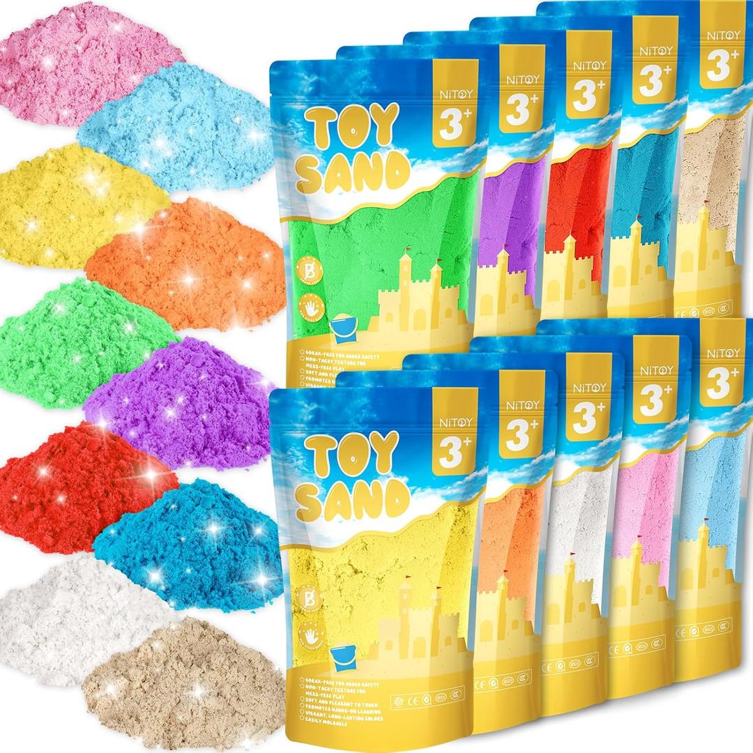 NiToy Value Pack 19lbs of 10 Colored Moldable Self-Sticking Sand, Never Dries Out-Fun for 3 Years and up Kids Bulk Refill for Sensory Sand Box Toys, Ideal for Shaping, Squeezing and Molding