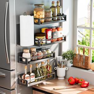 5 Pack Magnetic Spice Storage Rack Organizer for Refrigerator and Oven, Black Fridge Organizers and Storage, Paper towel holder, Punch and no-punch dual purpose (Black)