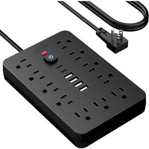 6 FT Flat Plug Surge Protector Power Strip,11 Multiple AC Outlets with 6 USB Ports (2 USB C), 6 Feet Extension Cord, 1250W/10A, One Touch Switch Button, 17 in 1 Compact Powerstrip