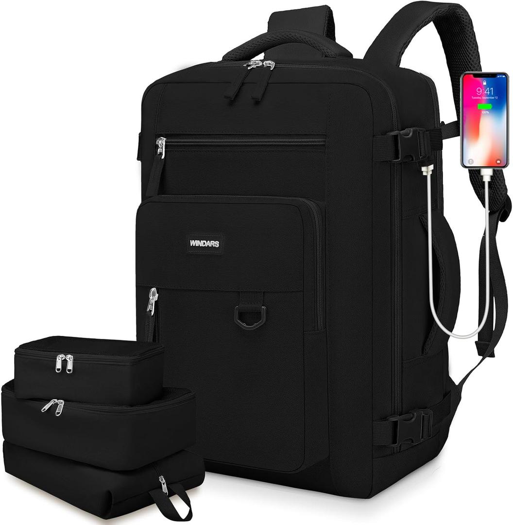 Travel Backpack for Women Men, Flight Approved Carry On Backpack with Shoe Pouch, TSA Personal Item Travel Bag Large Luggage Backpack Fits 17 Inch Laptop for Weekender Overnight, Black (18.5 Inch, Black With 3 Packing Cubes)
