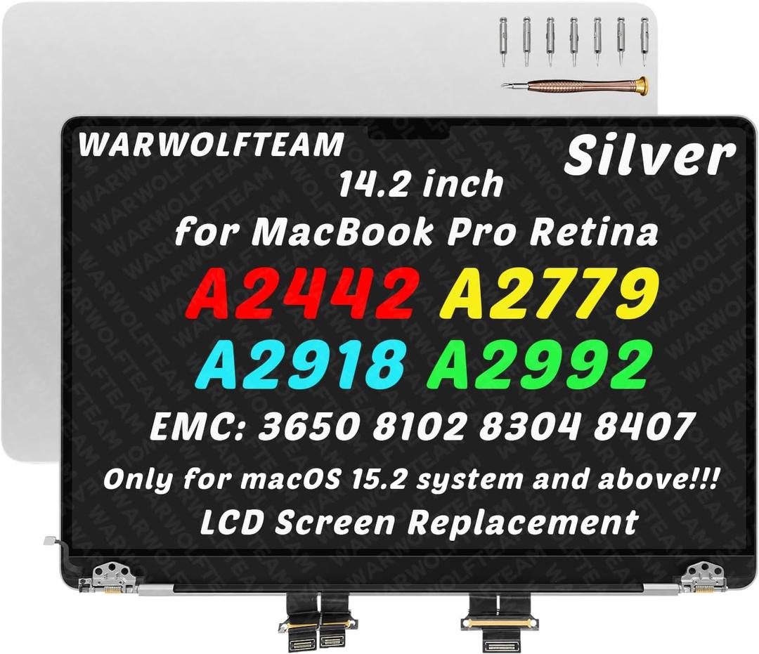 14.2inch Compatible with MacBook Pro A2442 A2779 A2918 A2992 Retina M1 M2 M3 2021 2023 EMC 3650 EMC 8102 EMC 8304 EMC 8407 3024 x 1964 LCD LED Screen Replacement Complete Assembly(Silver)