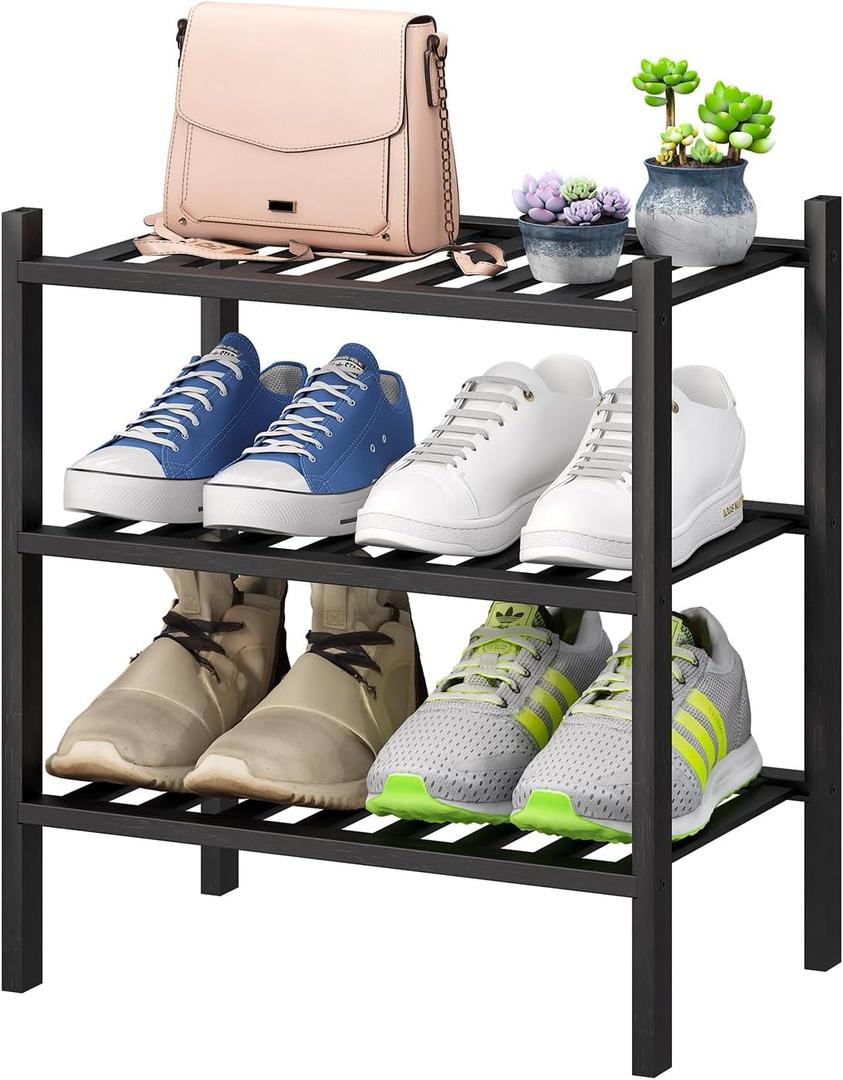 Small Shoe Rack for Entryway,3-Tier Black Bamboo Shoe Organizer for Hallway Closet, Free Standing Shoe Racks for Indoor and Outdoor