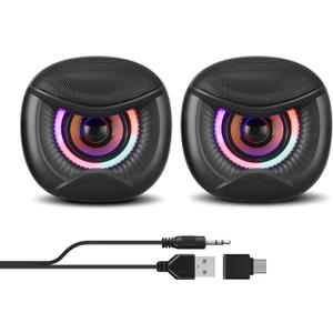 USB Computer Speakers for RGB Lighting, PC Speakers with a USB-C Interface are Suitable for Desktop Laptop Monitor, Owl Eye Design, Colorful Lights