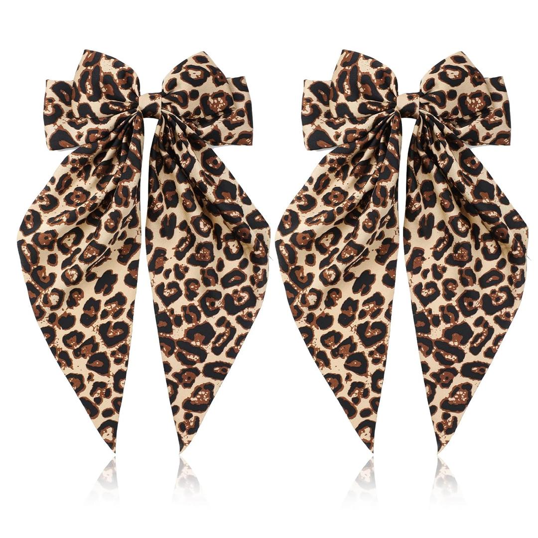 Mabor 2Pcs Leopard Print Hair Bow Clips with Long Tail Ribbon Satin Leopard Big Metal Hair Bow Barrettes Ponytail Styling Accessories for Women Girls
