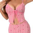 KIFOVEN Sexy Lingerie for Women Pajamas Set 2 Piece Lace Trim Tie Front Cami Crop Top and High Waist Shorts Sleepwear Flower-8 Large (L)