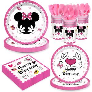 168pcs Pink Mouse Birthday Party Supplies Girls Cartoon Plates Napkins Disposable Paper Tableware Set for Girls 1st 2nd 3rd Birthday Party Decorations 24 Guests