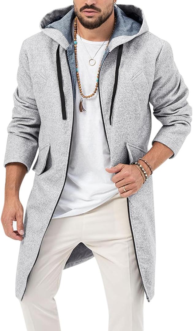 ZIWOCH Mens Trench Coat Wool Blend Hoodie Long Jacket Full Zip Winter Classic Business Overcoat (Gray)
