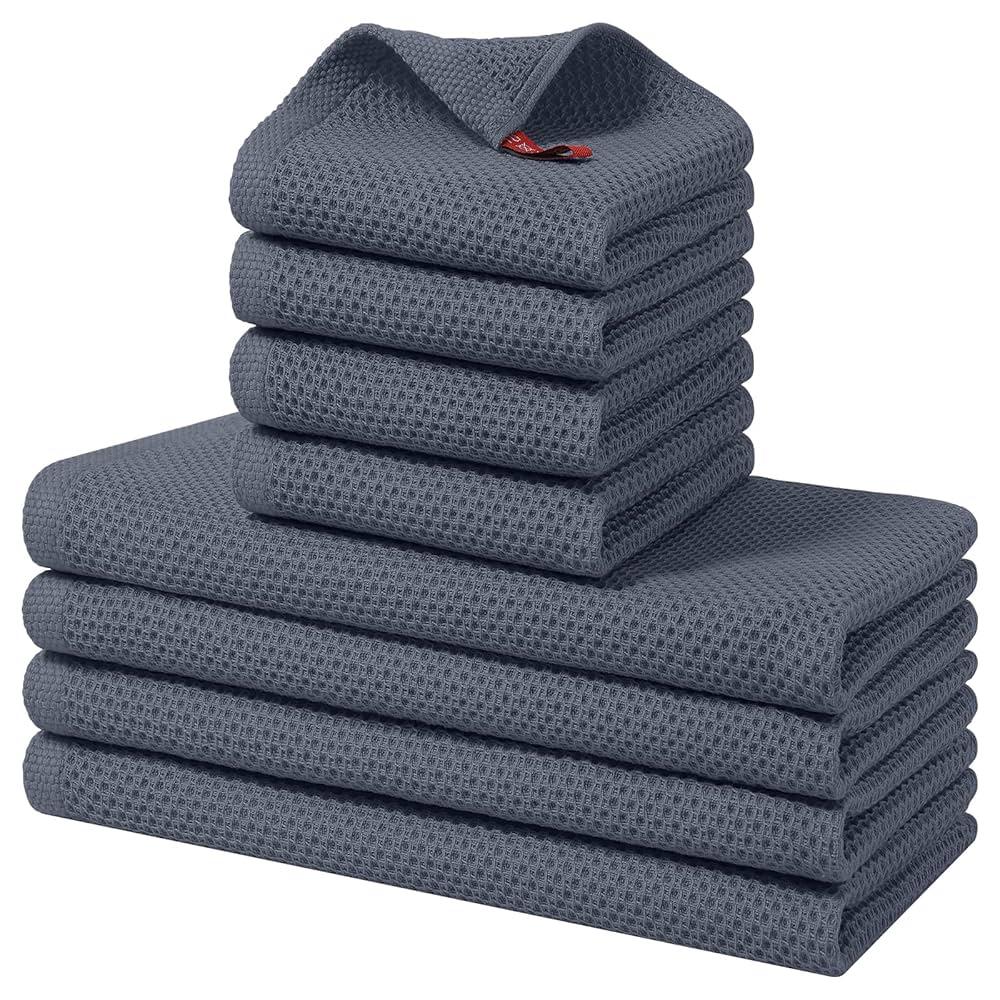 100% Cotton Kitchen Towels and Dishcloths Set, 12 x 12 Inches and 13 x 28 Inches, Set of 7 Bulk Kitchen Towels Set, Ultra Soft Absorbent Dish Cloths for Washing Dishes, Dark Grey