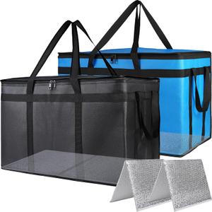 Bodaon 2PK Cooler Insulated Food Delivery Bag with Bottom for Doordash/Uber Eats, XXX-Large Thermal Bags for Catering/Hot Pizza, Travel/Camping/Picnic BasketGrocery Reusable Warmer Frozen, Black-Blue