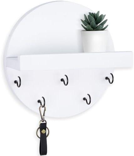 Lwenki Key Holder for Wall – Decorative Key Hook Shelf for Entryway Decor – 7.9 Inch Round Paulownia Wood Hey Hanger with 5 Metal Hooks Includes Mounting Hardware and Installation Guide, 2 Pack
