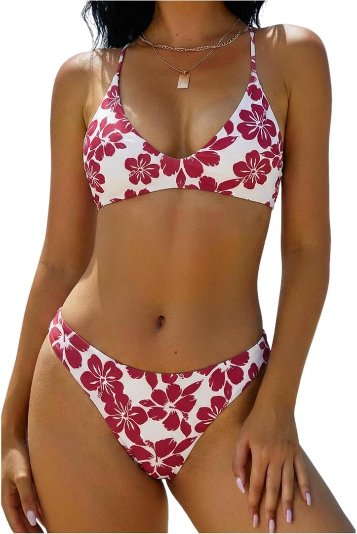 ZAFUL Women's Tie Back Padded High Cut Bralette Bikini Set Two Piece Swimsuit, Size: Small