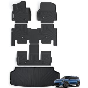 Floor Mats & Trunk Mat for KIA EV9 2024 2025 6-Seats VersionNot Fit for 7-Seats Version, 1st & 2nd & 3rd Rows Full Set with Cargo Liner,TPE All Weather Protection Car Floor Liners-Black