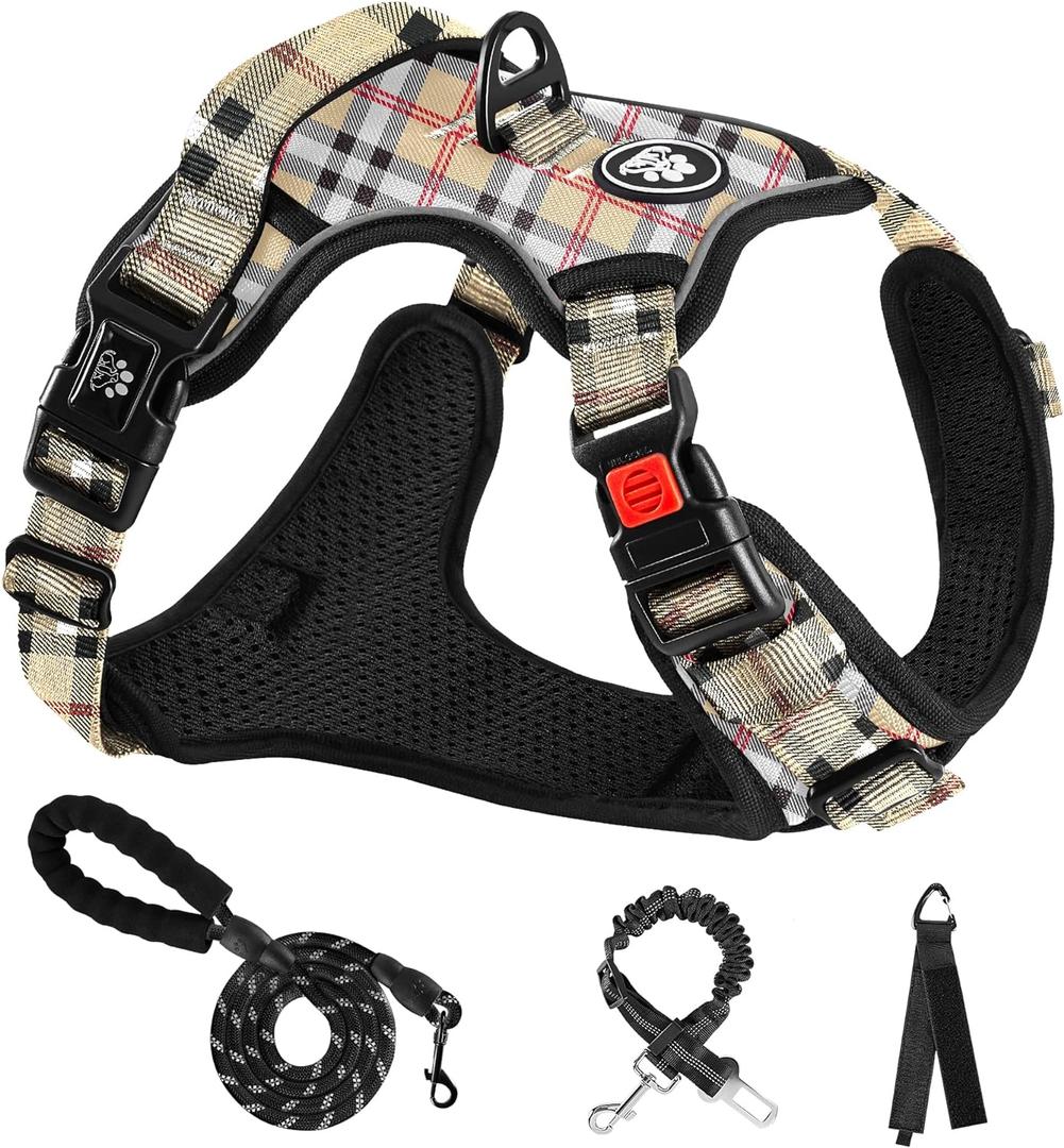 NESTROAD No Pull Dog Harness with Leash, Reflective No Choke Pet Vest Harness,Adjustable Soft Padded Dog Harness with Easy Control Handle for Small Dogs(Checkered Beige,Small) (Sneck 11-15" chest 15-21")