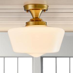 Schoolhouse Light Fixture Modern Gold Ceiling Light,Semi Flush Mount Ceiling Light,12''Wide Opal Milk Glass Shade,Brass Vintage Light for Farmhouse Bedroom Kitchen Hallway Entryway