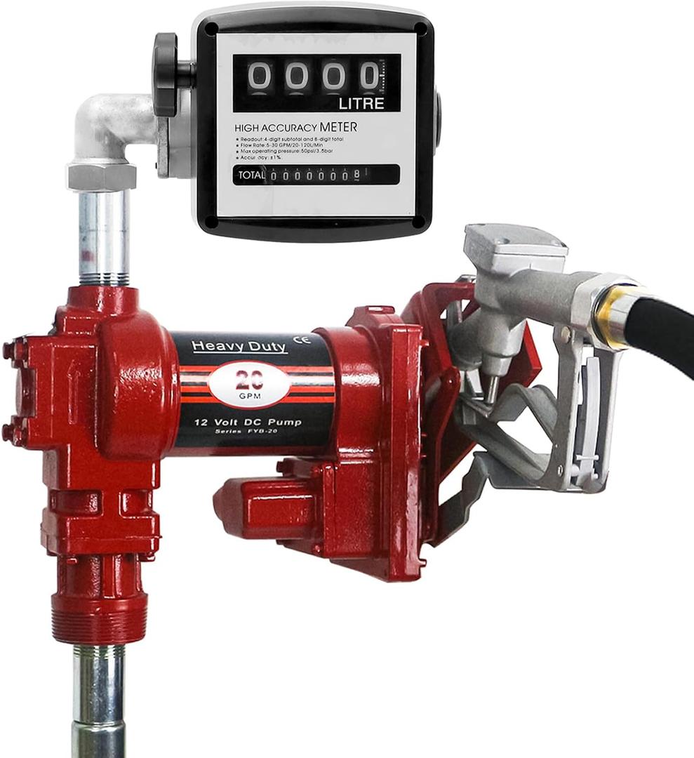 20GPM 12V DC Fuel Transfer Pump Gasoline Pump with Nozzle Kit for Gas Diesel Kerosene Red with Flow Meter