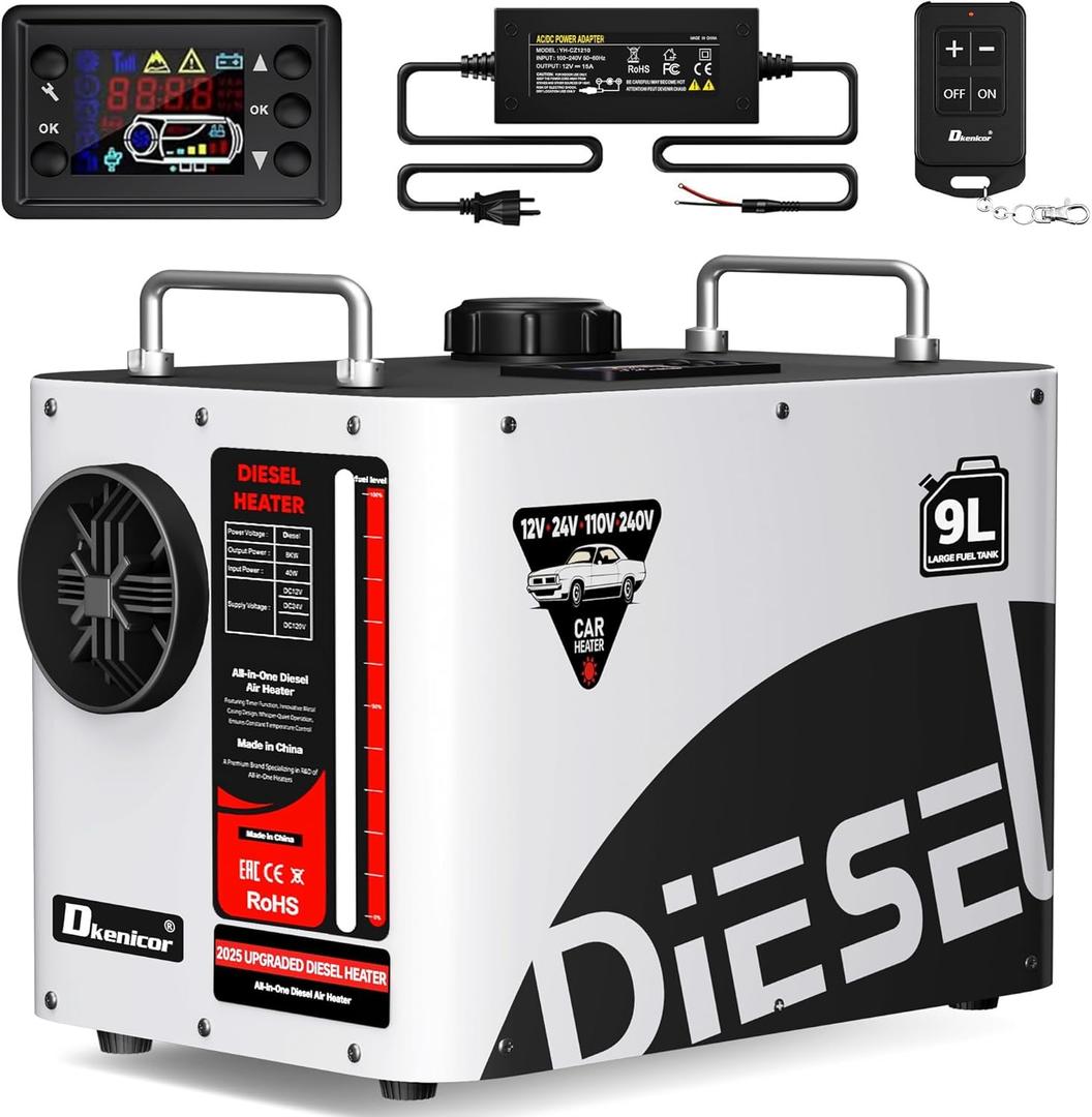 8KW Diesel Heater, 9L Tank 12V/24V/110V/240V All in One Diesel Air Heater with LCD Switch, Remote Control, for Truck, RV, Home, Car, Campers, Boat, White(No Battery Only Tool)