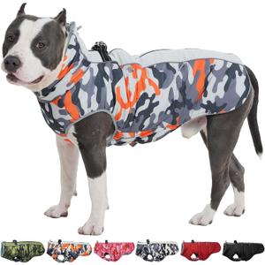 Dog Coat Winter Warm Dog Jackets for Large Dogs Reflective Snowsuit with Harness Fleece Dogs Snow Jacket Waterproof Pet Clothes for Cold Weather (Orange-Camouflage)