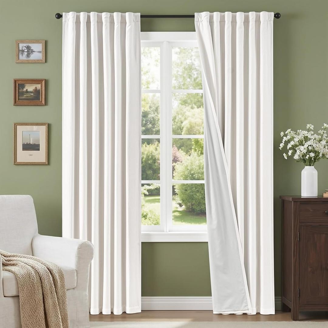 100% Blackout Curtains for Bedroom Linen Textured Insulated Thermal Drapes with Liner White Black Out Curtains 84 Inch Long 2 Panels Back Tab Noise Reducing Drapes Ready to Hang for Living Room Office
