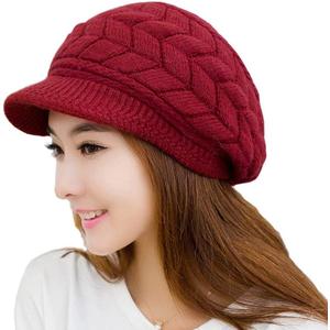 HINDAWI Women Winter Warm Knit Hat Wool Snow Ski Caps with Visor (Red)