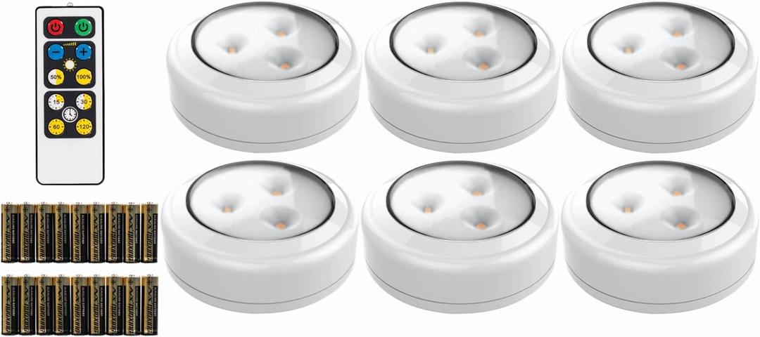 Brilliant Evolution Tap Light Push Lights 6pk with 18 AA Batteries Included + Remote - LED Stick On Lights Under Cabinets Puck Lighting - Under Counter Lighting Wireless Closet Kitchen Night Light
