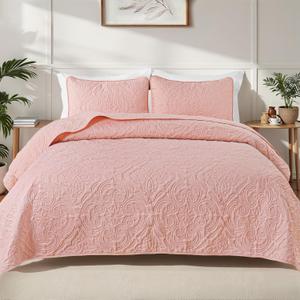 Exclusivo Mezcla Twin Quilt Bedding Set with 1 Pillow Sham, Lightweight Blush Pink Twin Size Quilt Bedspread with Vintage Damask Pattern, Soft Bedspreads Coverlets for All Seasons (Twin (68"x88"))