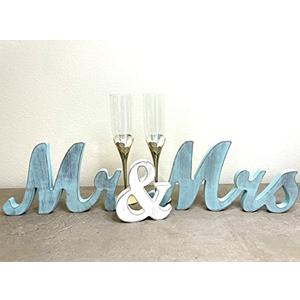Mr & Mrs Wood Sign Wedding Decorations for Bride & Groom Reception Head Table. Wooden Letters for Married Couple's Centerpiece, Engagement & Bridal Shower Party Or Wedding Cake Table. (Rustic Blue)