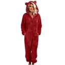 Womens Fleece Onesies Pajamas Jumpsuit Warm Sherpa Fuzzy Romper Sleepwear One Piece Zip up Hooded Playsuit Loungewear Red