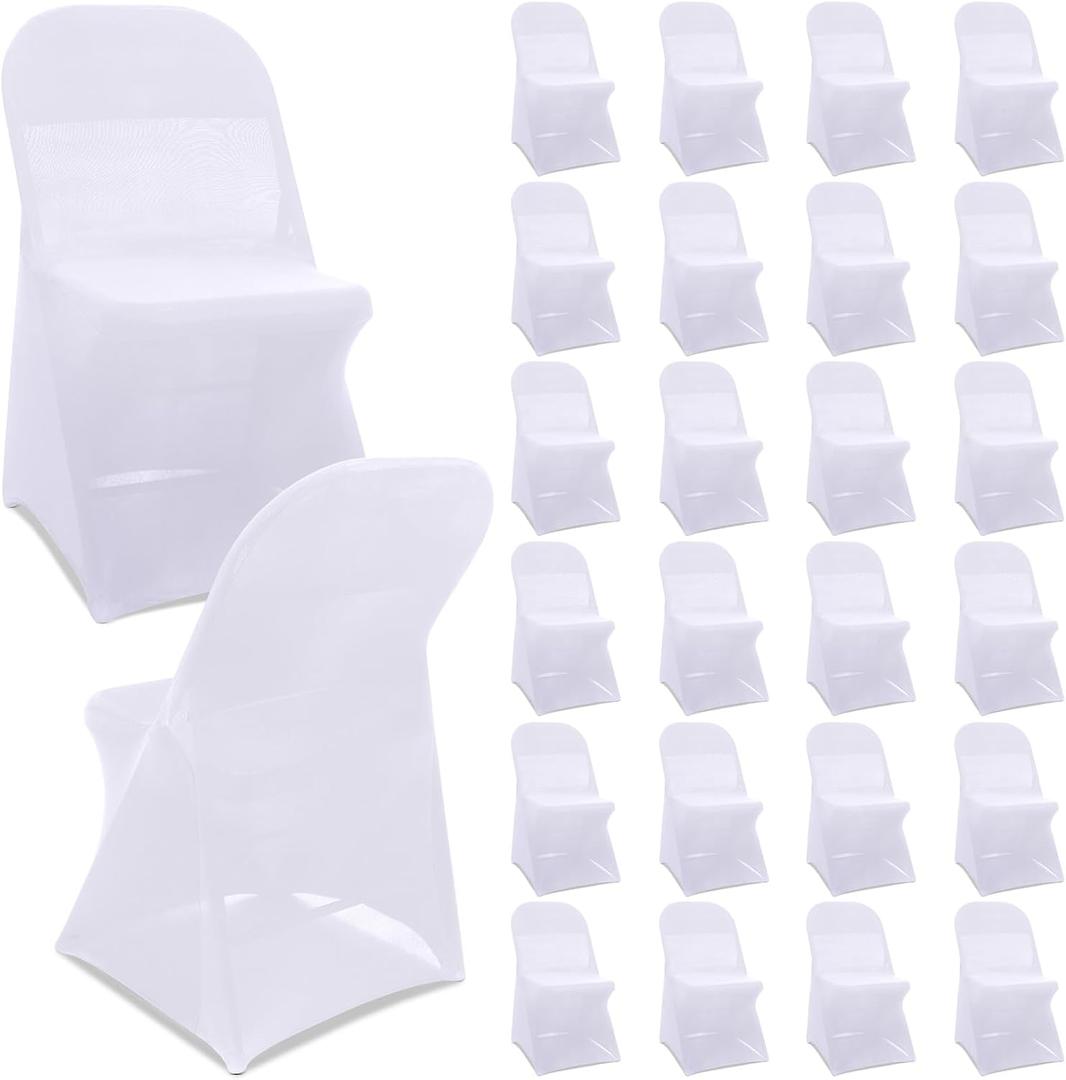 Newwiee 25 Pcs Spandex Chair Covers Bulk - Stretch Folding Flat Front Fitted Universal Chair Protector Pack Removable Washable for Wedding Party Dining Banquet Event (White)