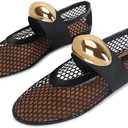 DOEYG Mesh Ballet Flats for Women Buckle Strap Comfy Casual Office Fishnet Ballerina Flat Shoes, US9, Black Gold