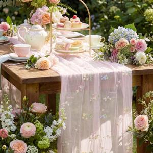 Remagr 9.8 ft Pink Flower Tulle Table Runner Embroidery Seasonal Table Decorations Tulle Fabric for Home Indoor Decor, Bridal Shower Wedding, Baby Shower Parties, Holiday DIY Craft Kitchen Decor (Floral)