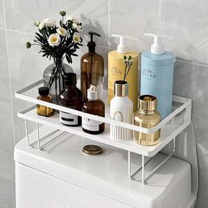PowerKing Over The Toilet Storage Shelf, Bathroom Organizer Rack with 2 Hooks, No-Drill, Rust-Resistant Steel, Toilet Paper Holder for Restroom Bathroom, White (12.59'' W x 6.10'' D x 2.75'' H ( 1 Tier))