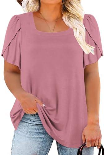 DOLNINE Plus-Size-Tops for Women Summer Petal Sleeve T Shirts Casual Square Neck Trendy Tunics Tee 4XL