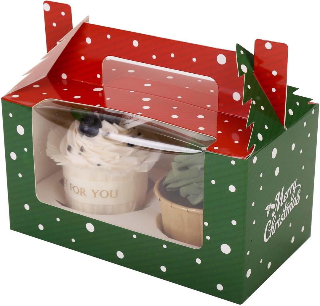 15 Pcs Christmas Cupcake Boxes With Window,Insert And Handle Holds 2 Standard Cupcake,Cupcake Holder Carrier Bakery Pastry Boxes For Muffin 6.5 X 3.6x 3.5 Inch (Christmas 01)